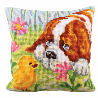 CdA stamped cross stitch kit cushion "Encounter - Dog and baby chick" 5209, 40x40cm, DIY