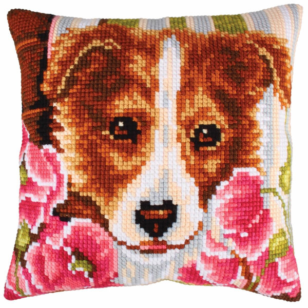 CdA stamped cross stitch kit cushion "Dog and pink poppies" 5213, 40x40cm, DIY