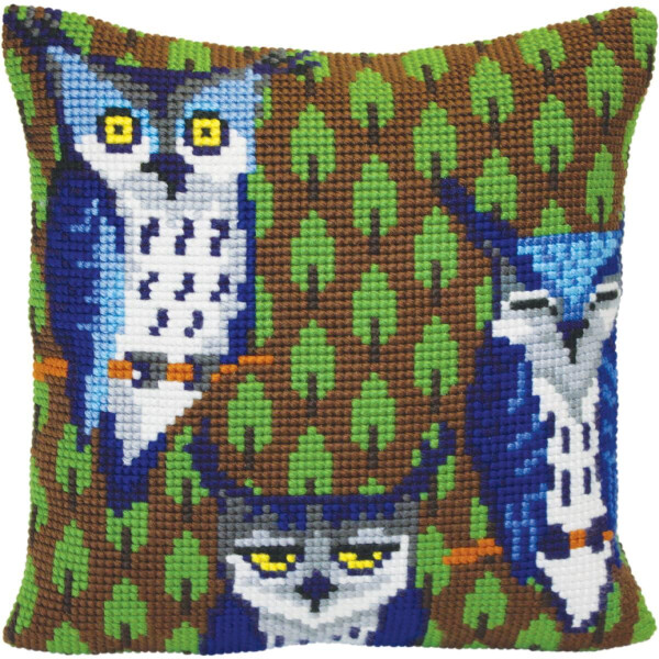 CdA stamped cross stitch kit cushion "Owls in the forest" 5417, 40x40cm, DIY