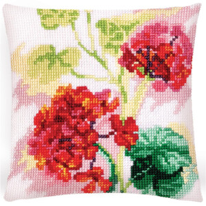 CdA stamped cross stitch kit cushion "Red geranium...