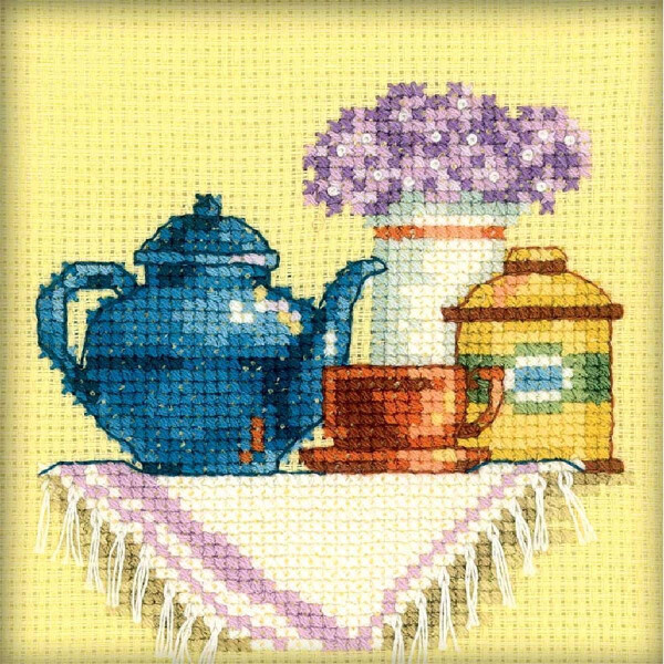 ensemble point de croix rto "Une tasse de thé le matin" h198, motif numéroté, 10x10 cm