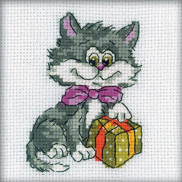 RTO counted Cross Stitch Kit "Kitty with present" H203, 10x10 cm, DIY