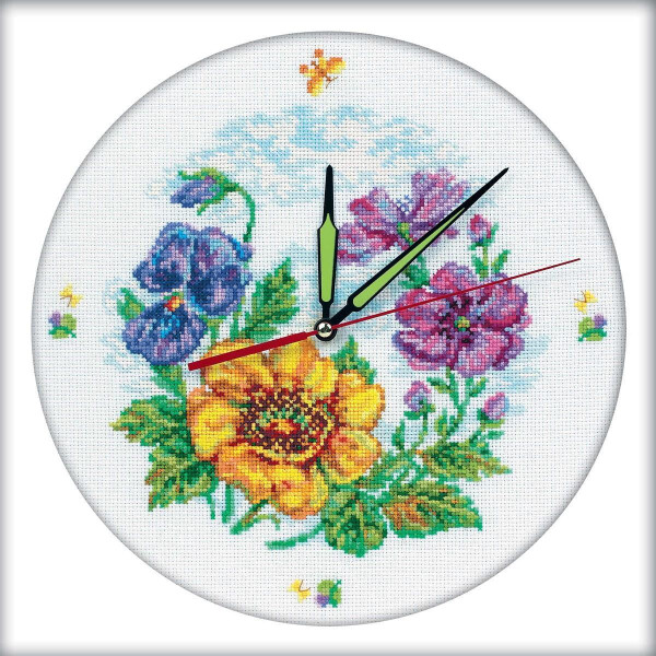 RTO Orologio da parete set punto croce "Flower clock" m40006, motivo di conteggio, 30x30 cm