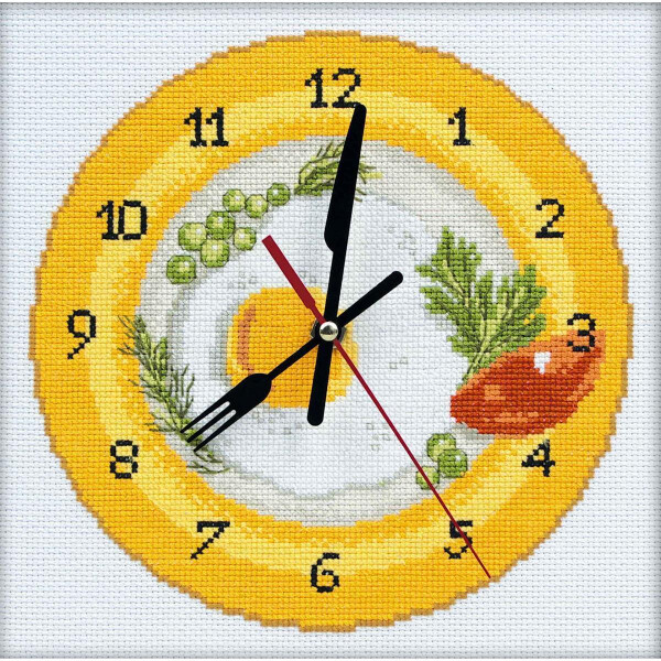 rto cross stitch set wall clock "Its breakfast time" m40009, échantillon de chiffres, 20x20 cm