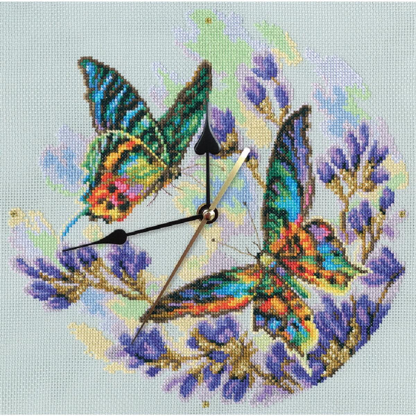 RTO counted Cross Stitch Kit clock "Rainbow butterflies" M40014, 26x26 cm, DIY