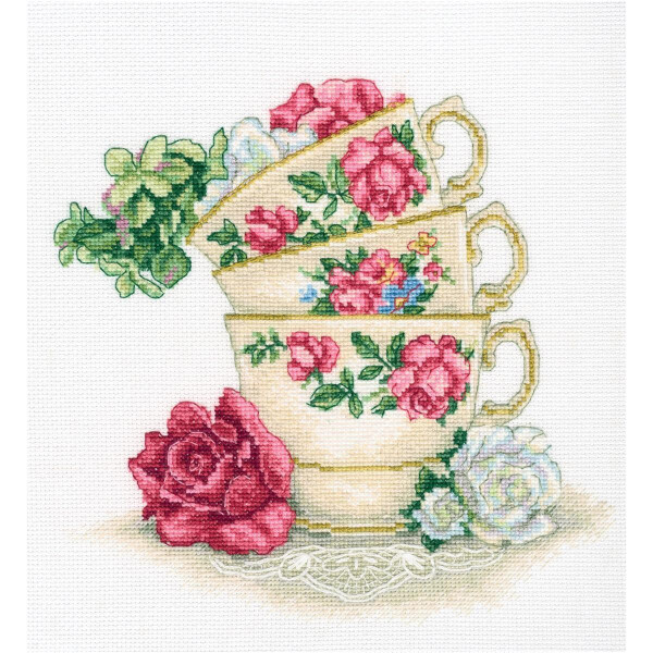 RTO Juego de punto de cruz "Taza de té con pétalos de rosa" m622, patrón de conteo, 20,5x20 cm