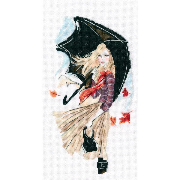 RTO counted Cross Stitch Kit "Girl, rain and umbrella" M636, 11,5x21,5 cm, DIY