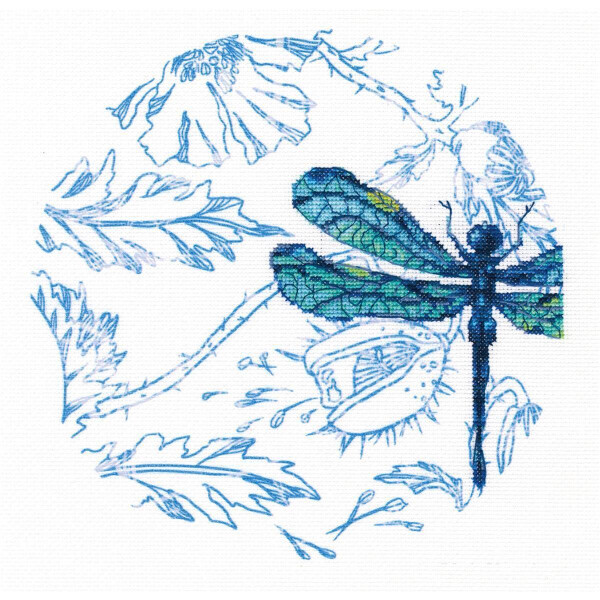 RTO Set punto croce "Dragonfly dance" m70024, schema di conteggio con sfondo stampato, 21x21 cm