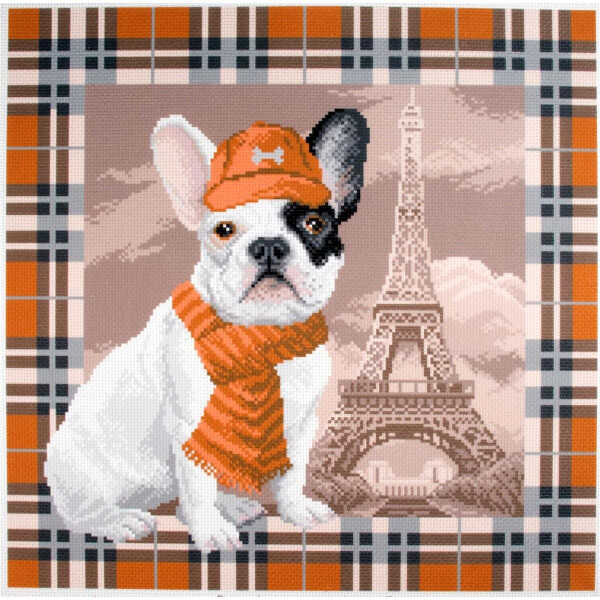 CdA Cross Stitch stamped Aida "French bulldog in Paris" PA1693, 34 x 34cm, DIY