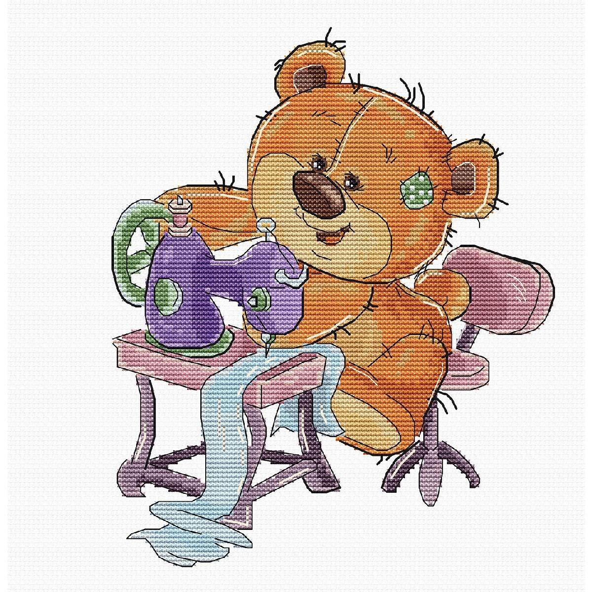 A cartoon teddy bear with different colored spots sits on...