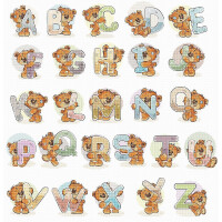 Illustrated alphabet with each letter held by or standing next to a cute cartoon tiger cub. The letters are colorful, each in a different pastel shade and decorated with star patterns. The tigers are in various playful poses, giving the design a whimsical touch and reminiscent of a Luca-s embroidery pack.
