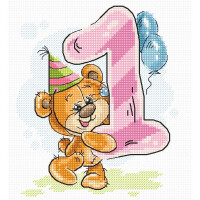 A product called Stickpackung from Luca-s shows a cute teddy bear with a green and pink striped party hat, smiling and holding a large pink balloon with the number 1. A blue balloon can also be seen in the background. The picture is designed in a cross-stitch style with a polka dot pattern in the background.