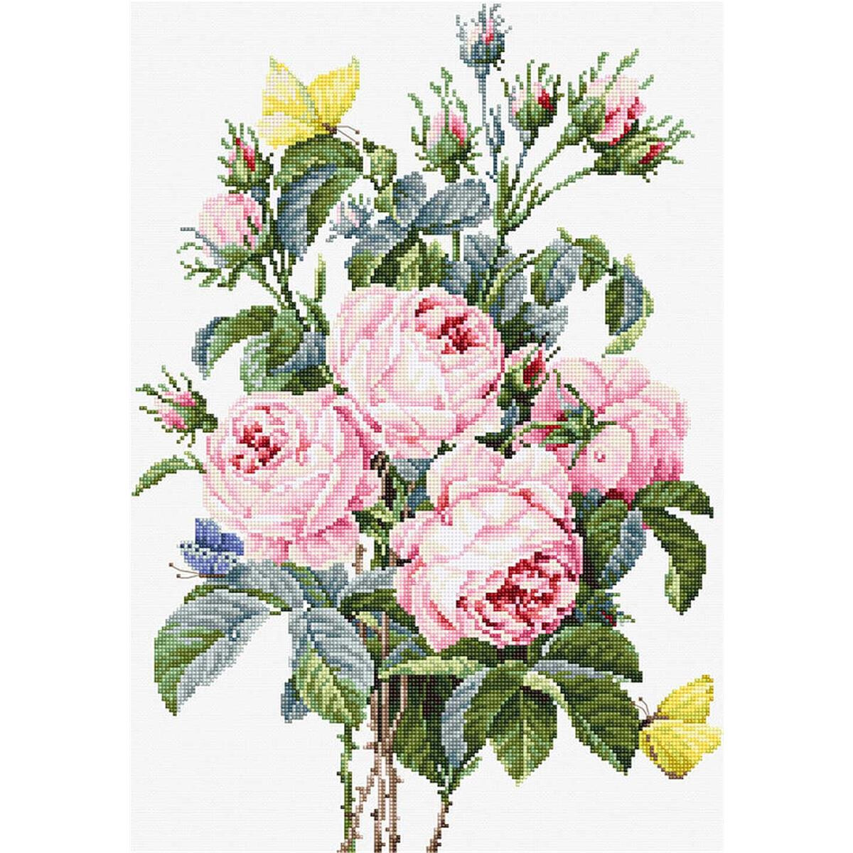 This cross-stitch artwork shows a bouquet of pink roses...