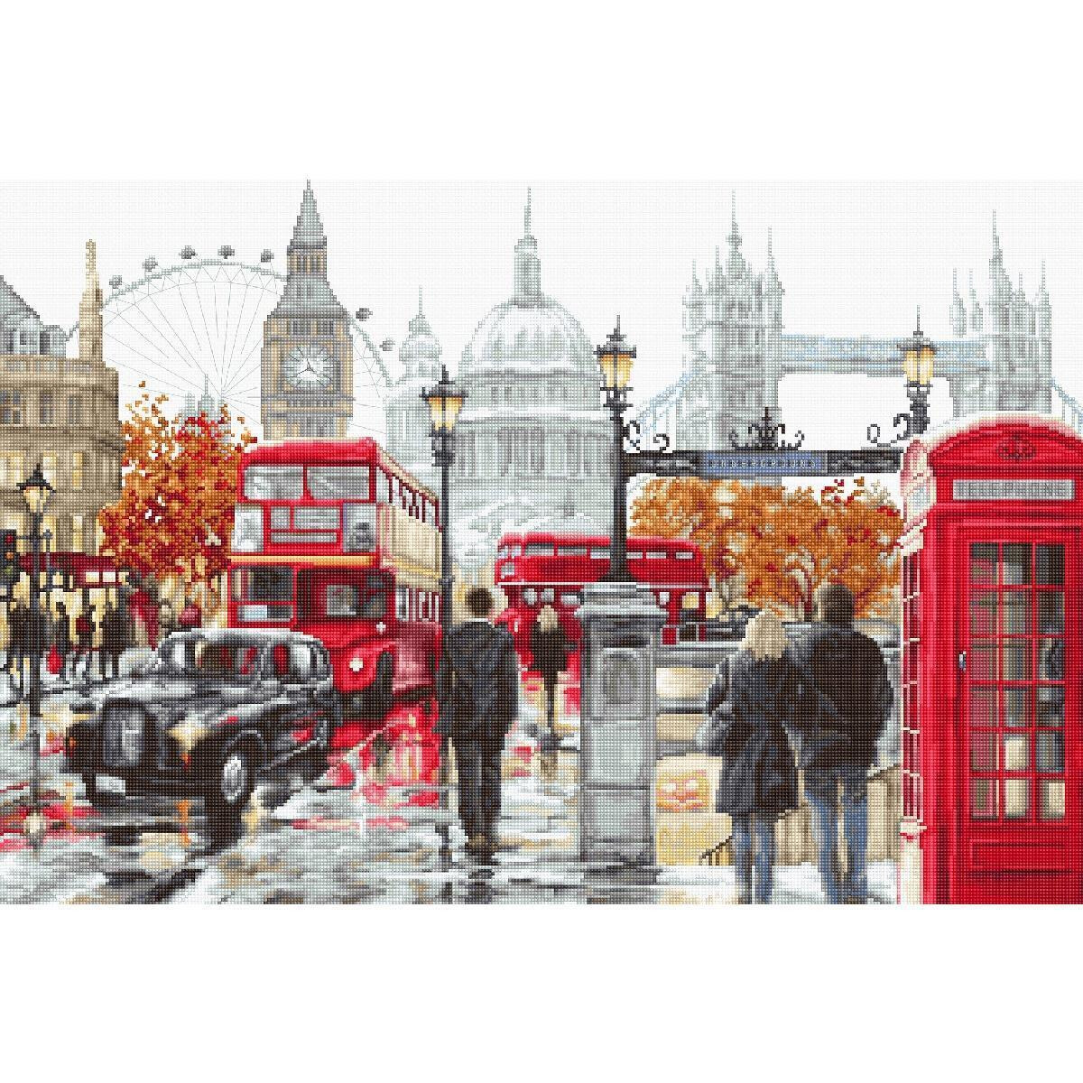 A busy London street offers famous landmarks: Big Ben,...