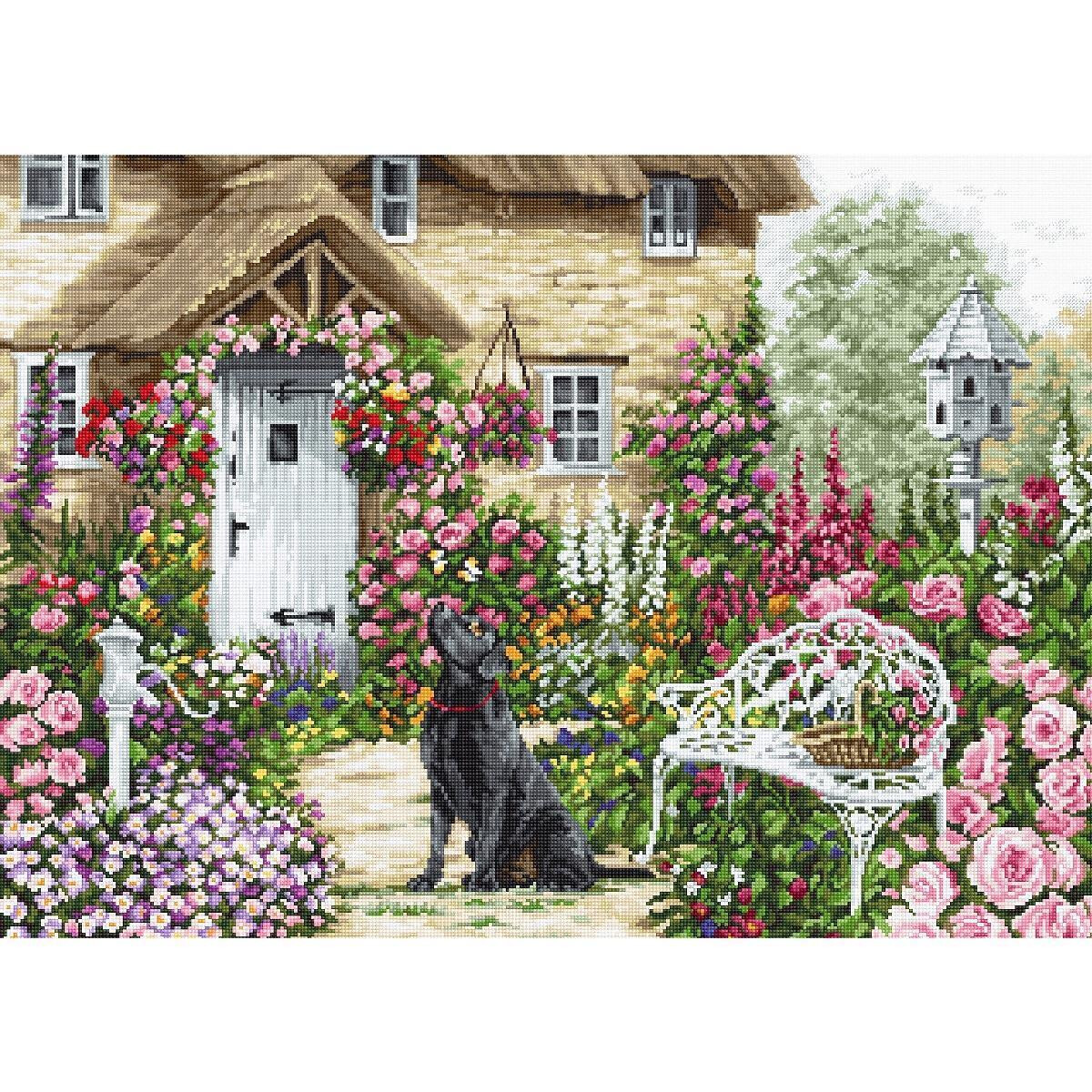 A lush garden scene shows a quaint cottage with a...