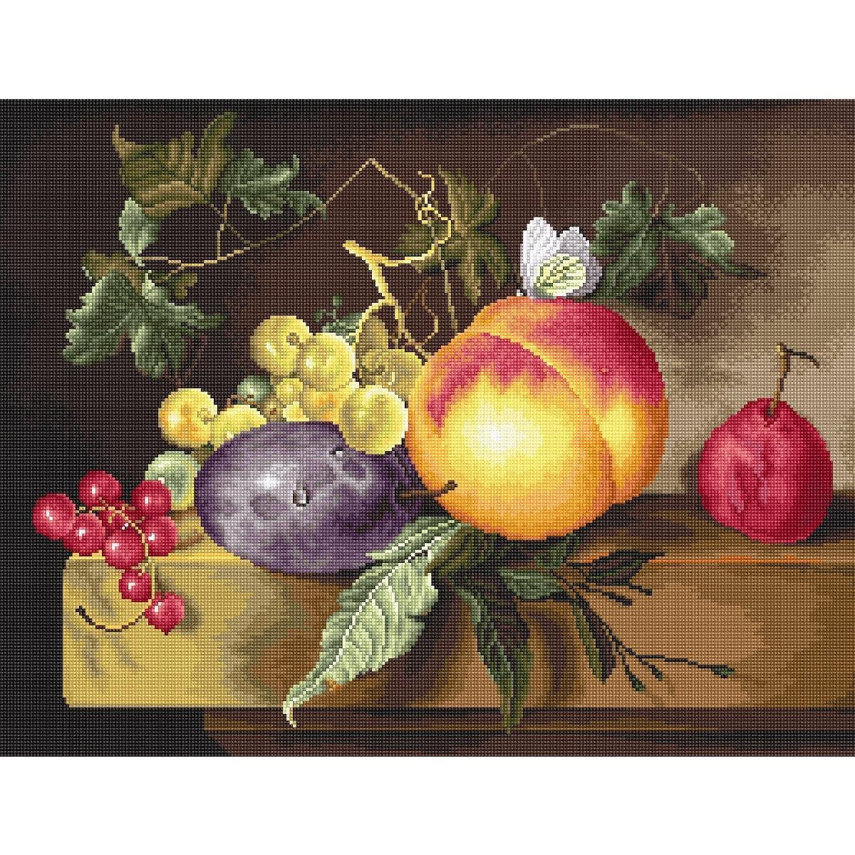 A still life shows a wooden board with various fruits,...
