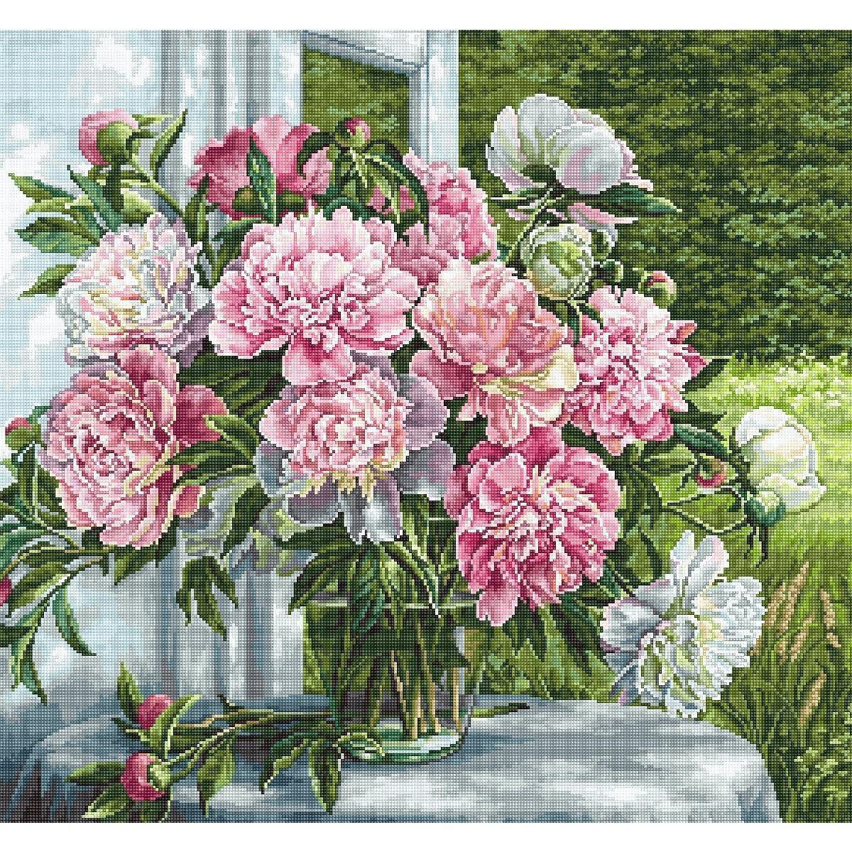Un bouquet luxuriant de pivoines roses et blanches en...