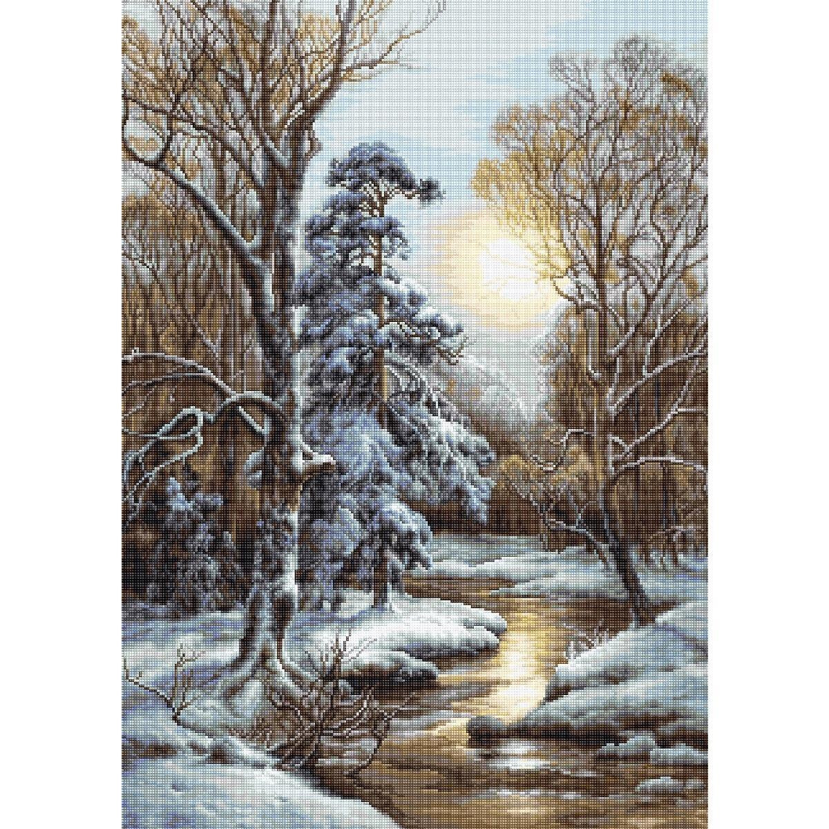 A tranquil winter landscape with a snow-covered forest....