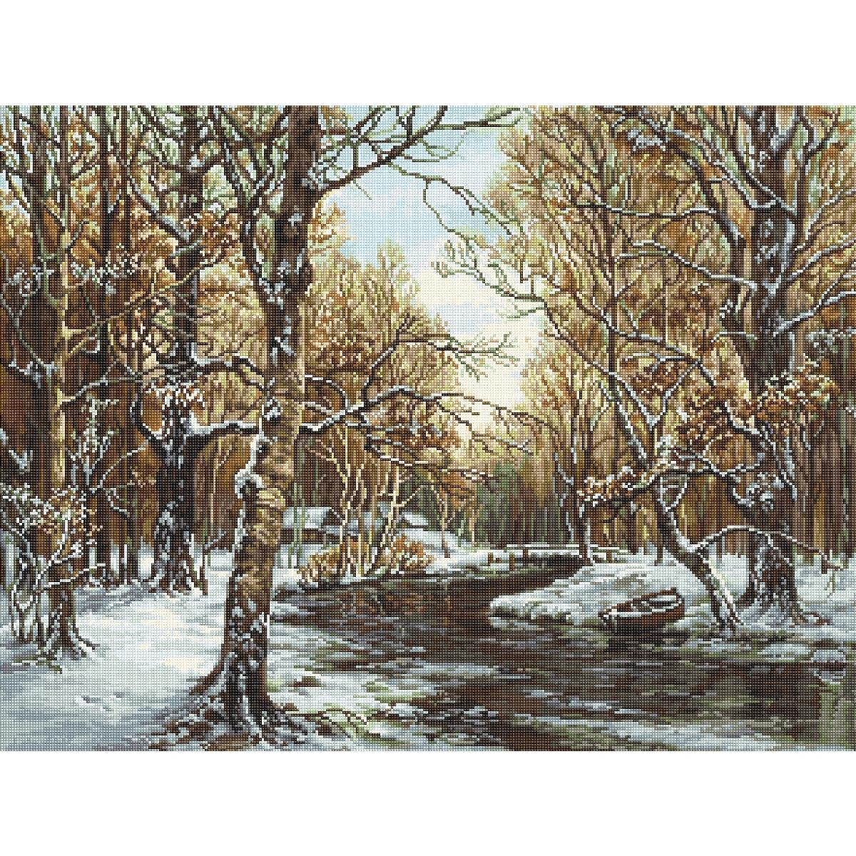 A tranquil winter landscape shows a snow-covered forest...