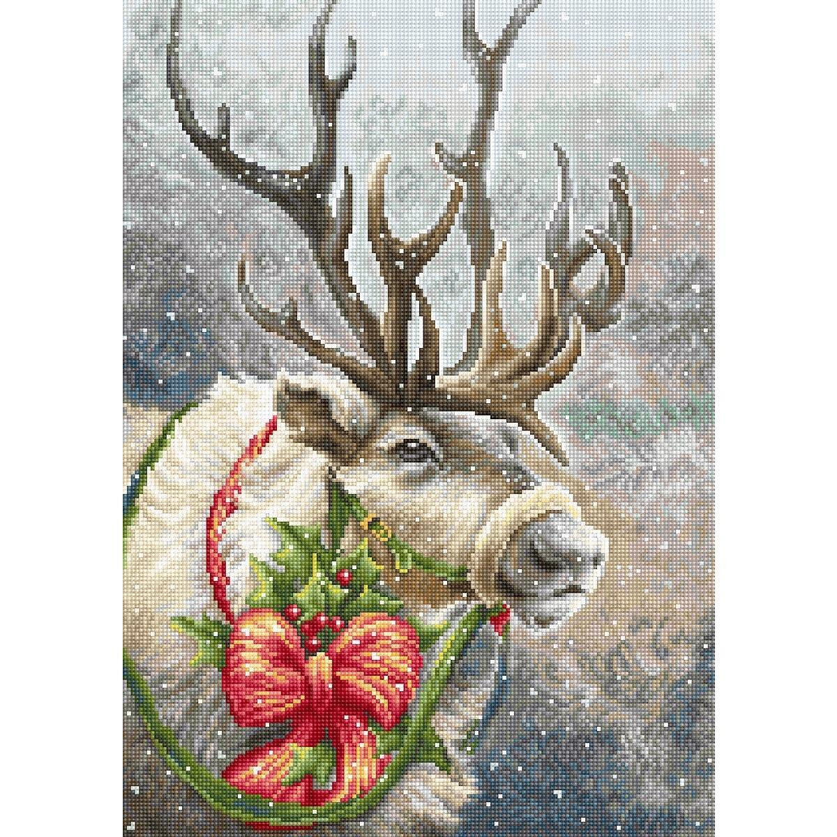 Imagen festiva de un reno con una gran cornamenta...
