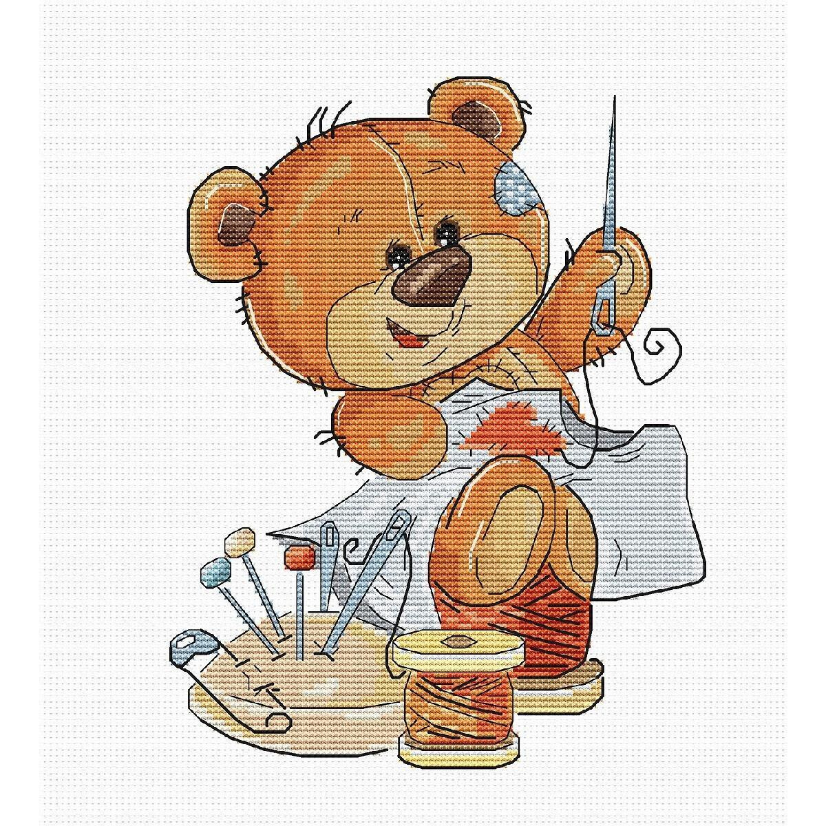 A detailed cross-stitch picture shows a cheerful teddy...