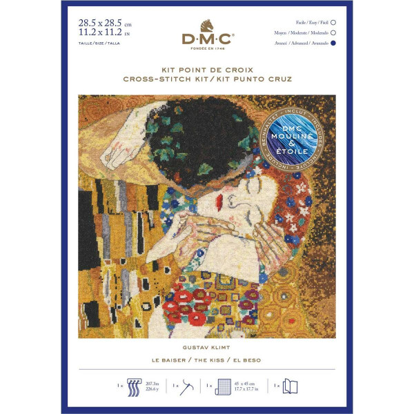 DMC Juego de punto de cruz "Kiss" según Gustav Klimt, 28,5x28,5cm, dibujo para contar