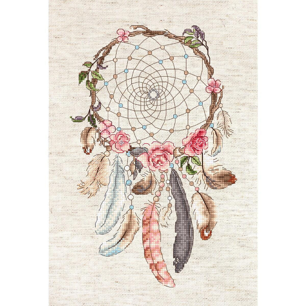 A cross-stitch picture of a dreamcatcher on cream-colored...