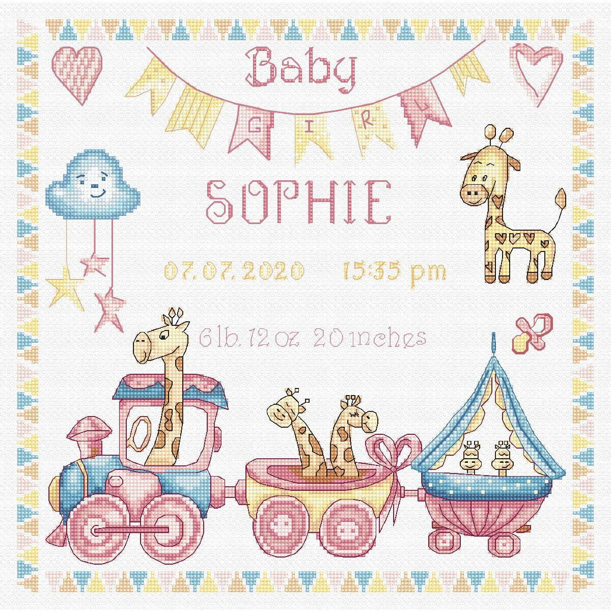 A Letistitch embroidery pack featuring Baby Girl Sophie...