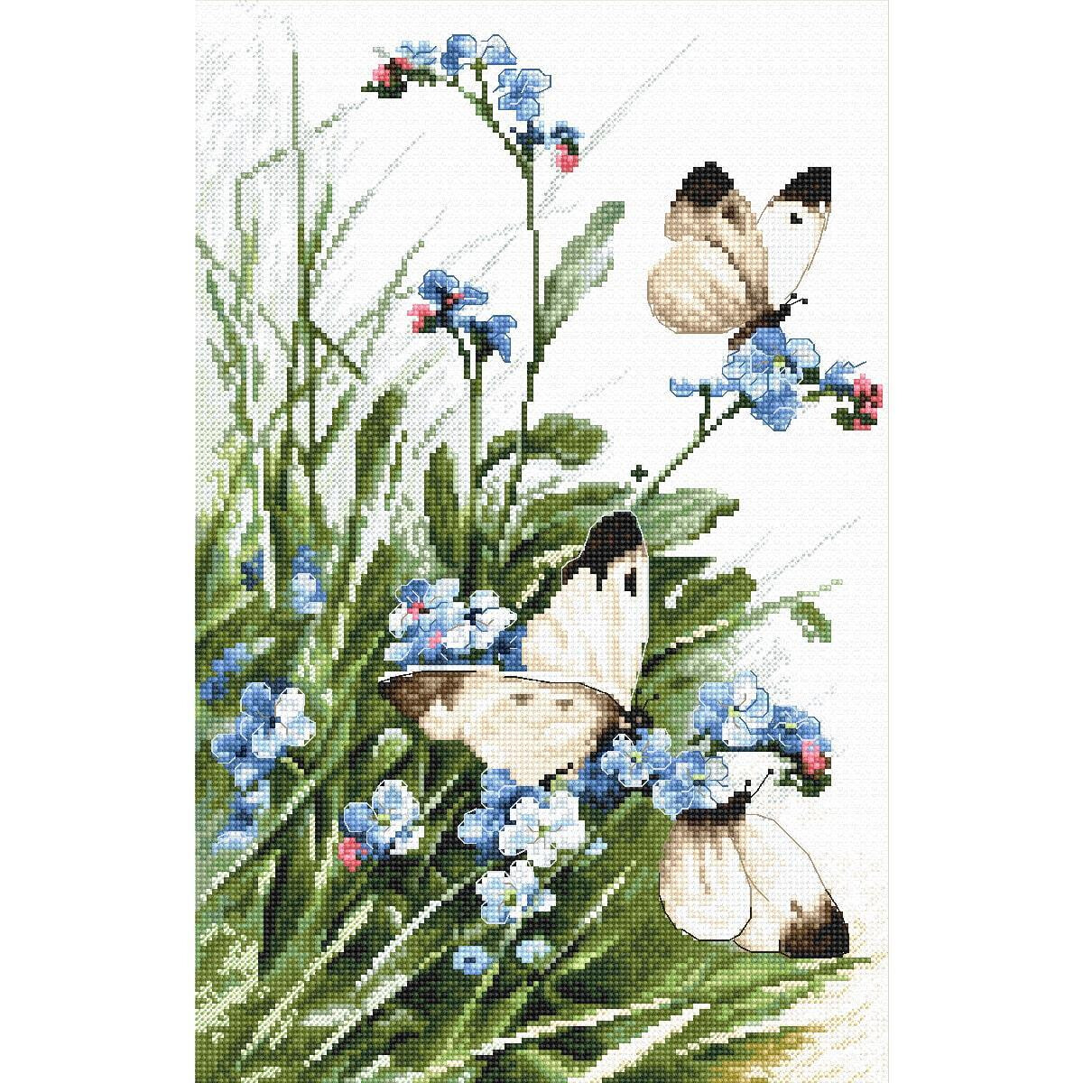 Un bordado detallado con dos mariposas de color crema y...