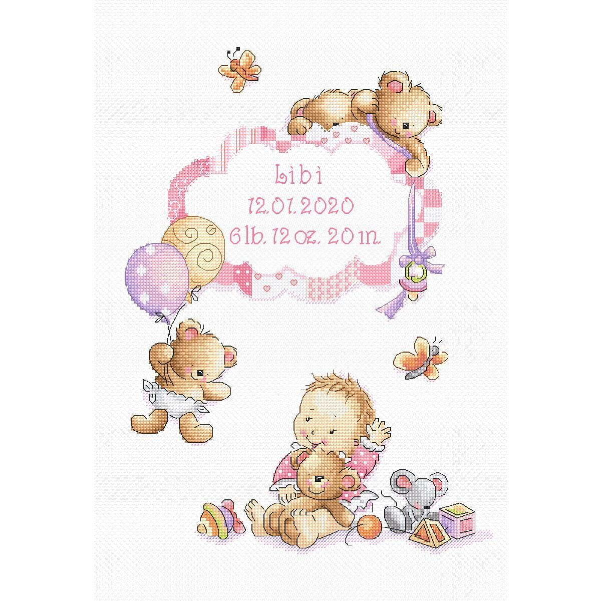 An illustrated baby ad features two teddy bears, a...