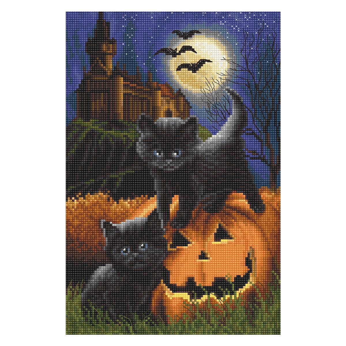Two black kittens with bright blue eyes play on a carved...