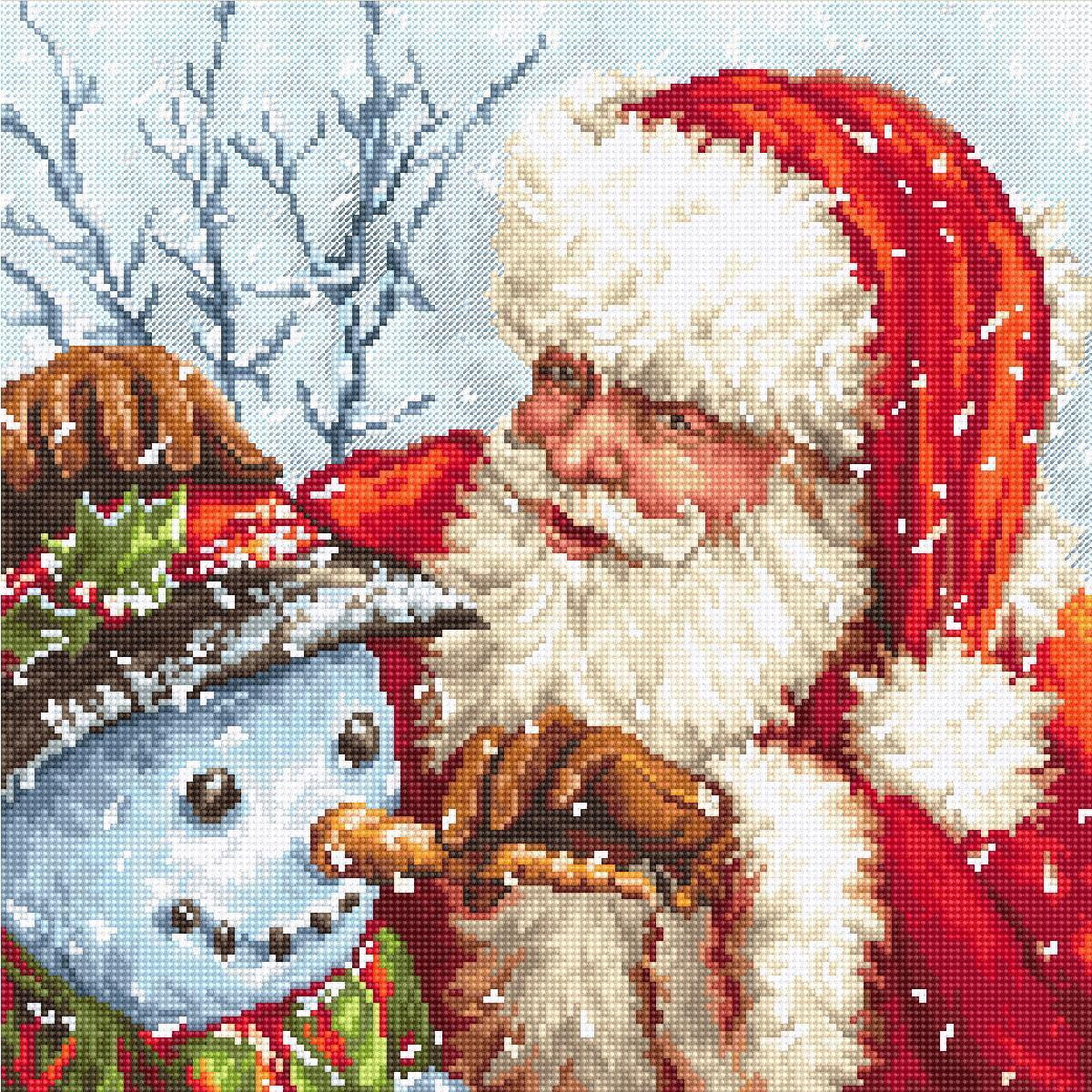 На праздничной сцене изображен сияющий Дед Мороз в...