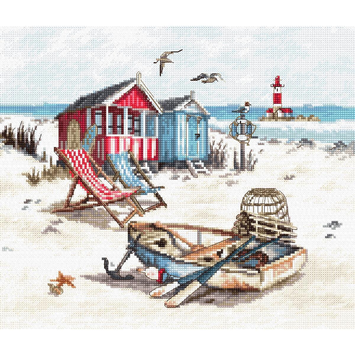 Una scena di spiaggia mostra capanne colorate e sedie a...