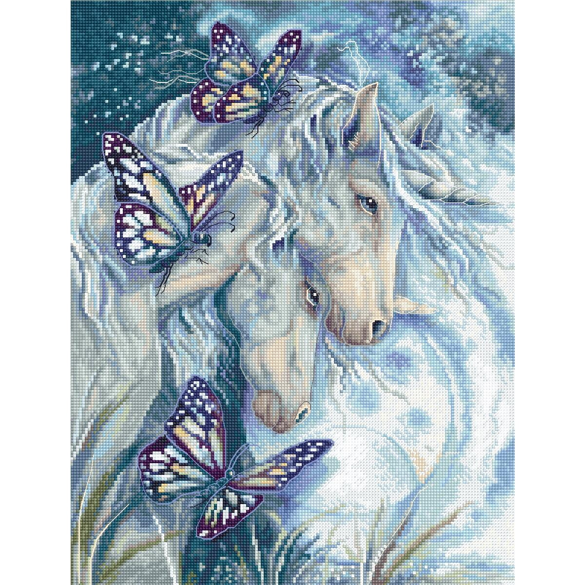 A vibrant, mystical scene with two unicorns with flowing...