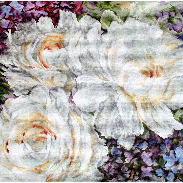 A vibrant cross stitch embroidery by Letistitch Embroidery Pack featuring three large white roses in the center surrounded by purple and green foliage. The intricate design uses a mix of pastel and bright threads and features shades of white, yellow, green, purple and orange, creating a lush, textured floral scene.