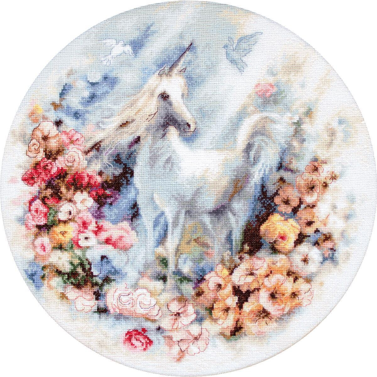 A circular illustration shows a white unicorn with a...