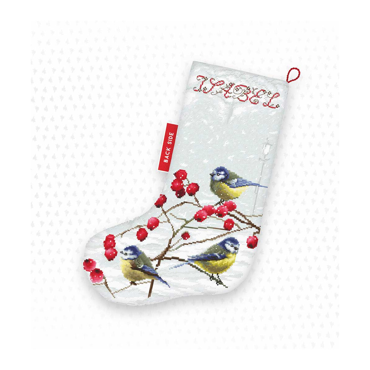 A white Christmas stocking with red berries and three...