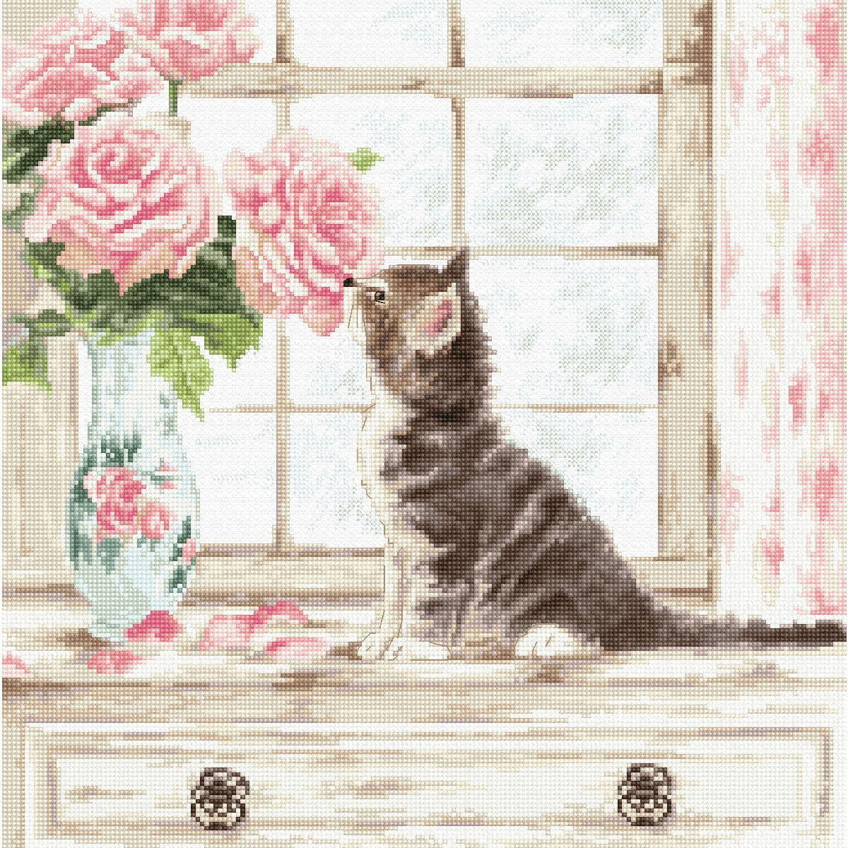 A kitten sits on a wooden chest of drawers, the drawers...