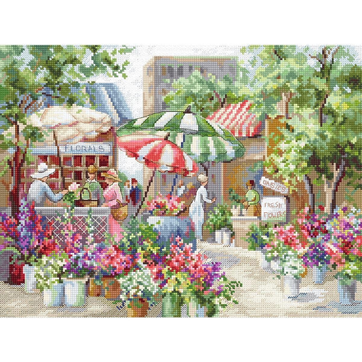 A lively outdoor market scene shows flower stalls with...