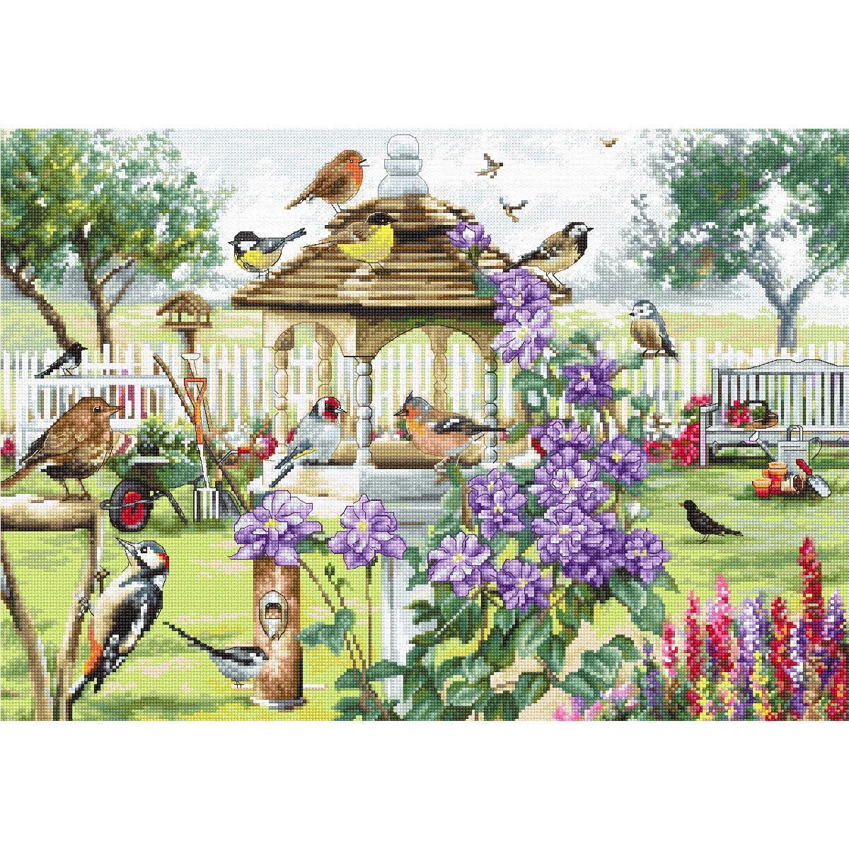 Una vivace scena di giardino con vari uccelli seduti...