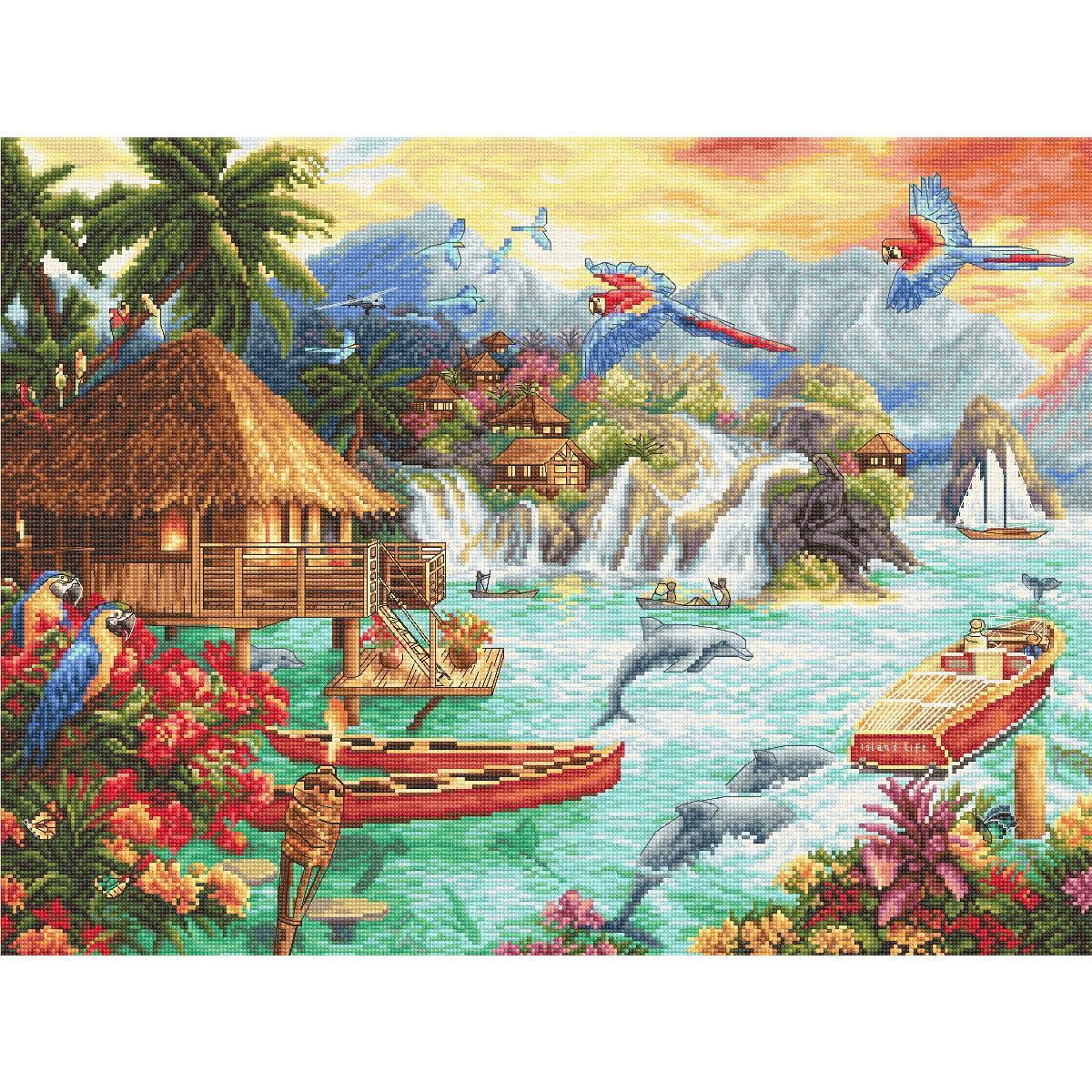 A tropical paradise scene with a thatched hut on stilts...