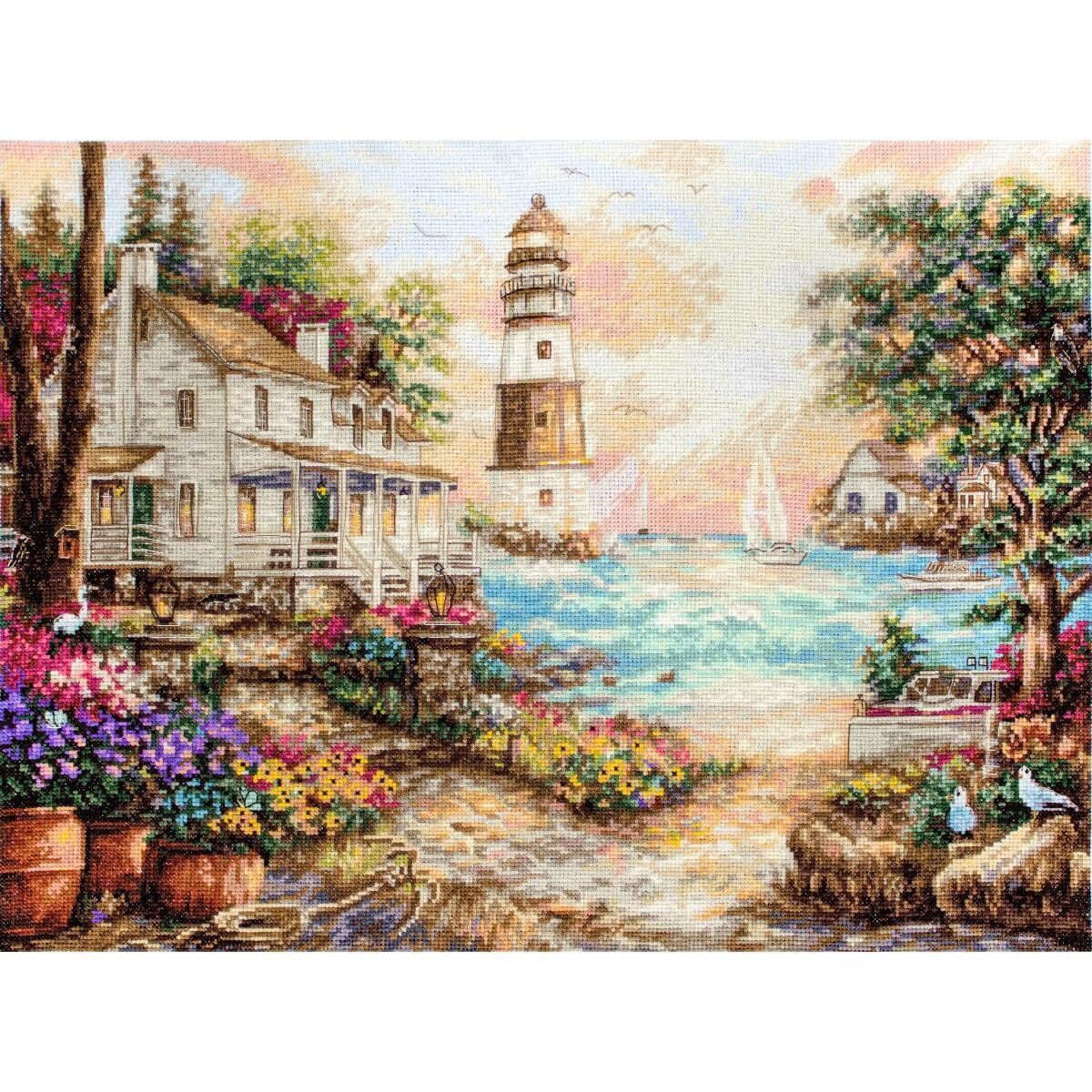 A colorful scene shows a cottage by the sea with...