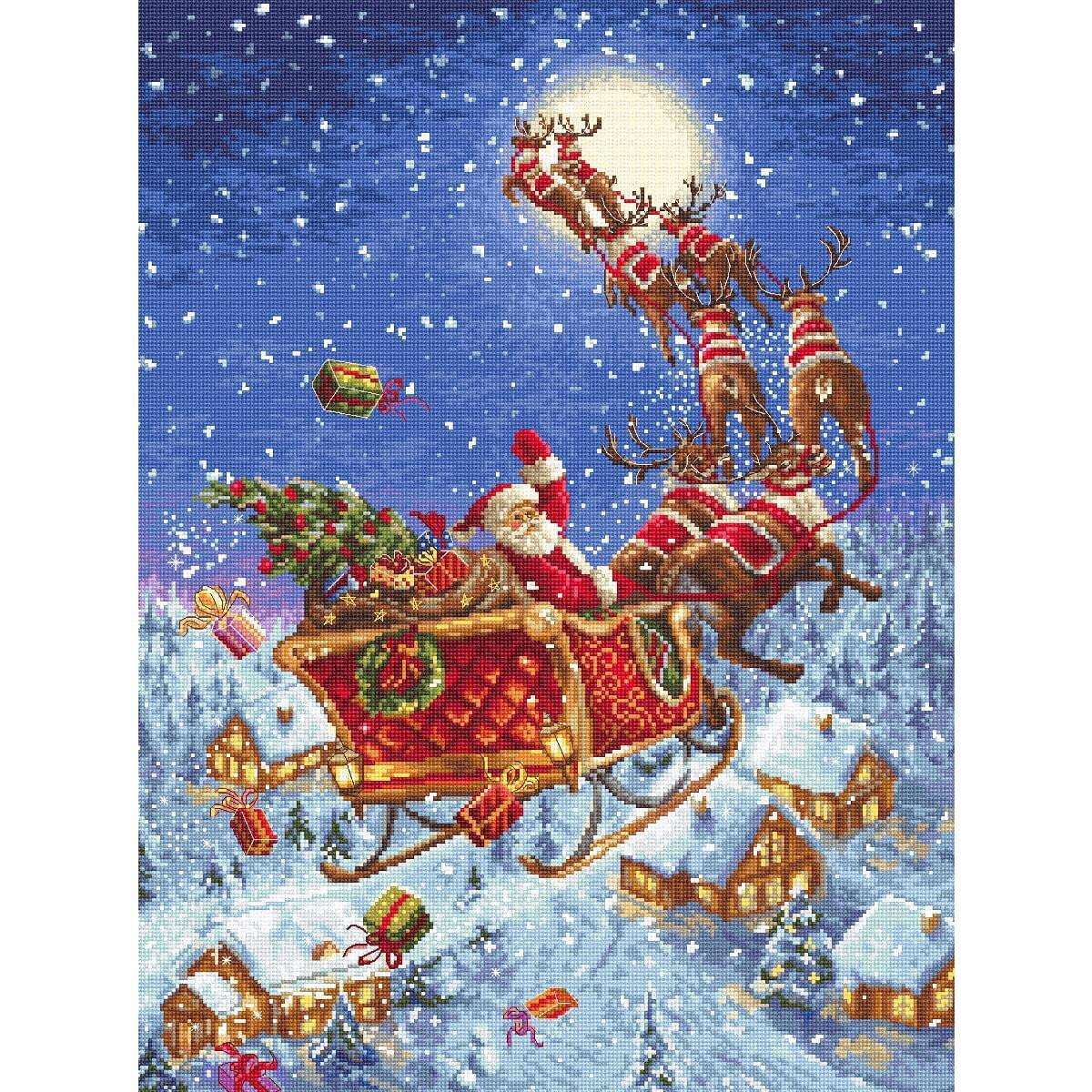 Santa Claus in a red suit and hat flies in a red sleigh...