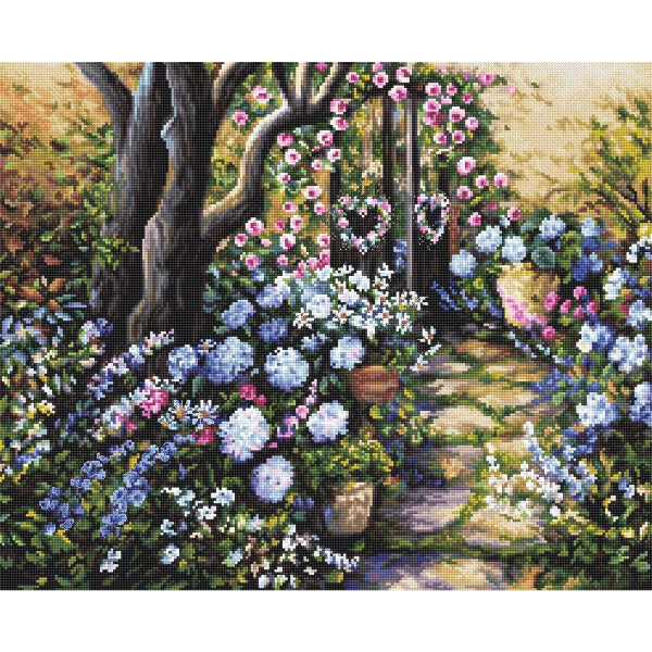 A garden path is surrounded by lush, colorful blooms, including white, pink and blue flowers. The winding stone path is lined with leafy green plants and tall trees. Heart-shaped wreaths of flowers hang from the branches like intricate embroidered packets of Letistitch, adding a decorative touch to the tranquil, sunlit scene.