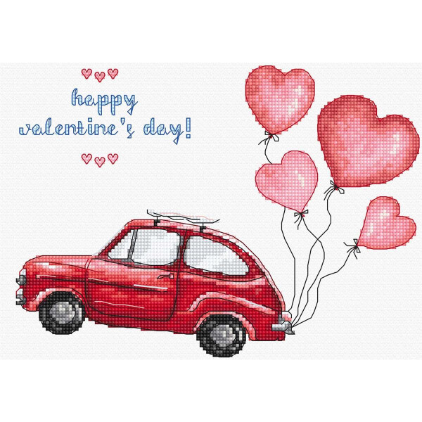 A pixel art image shows a red vintage car with four pink heart-shaped balloons attached to the rear. The background is white and above the car is the text Happy Valentines Day in a blue, handwritten font with three small red hearts underneath - perfect for fans of Letistitch embroidery packs.