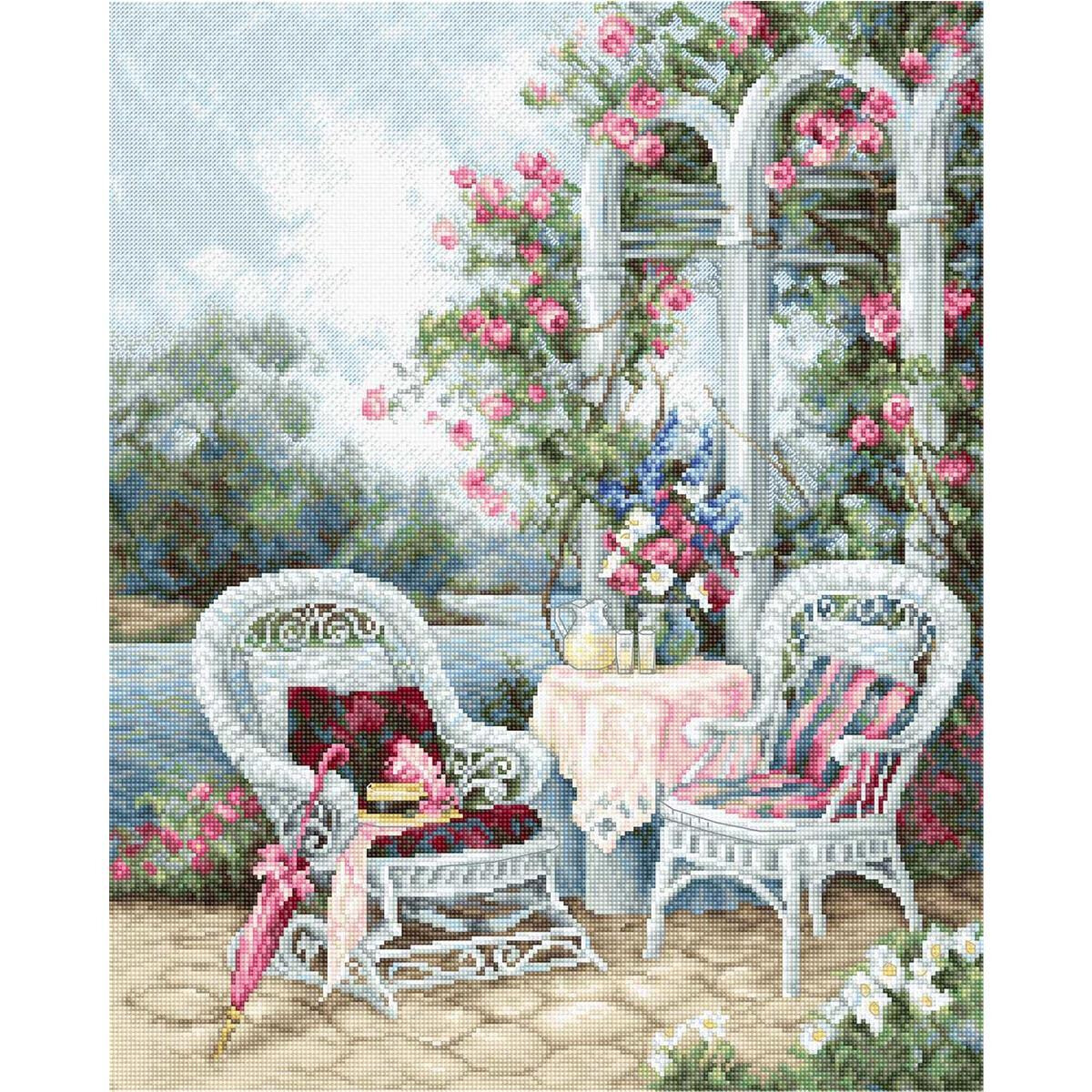 A tranquil outdoor scene with two white wicker chairs...
