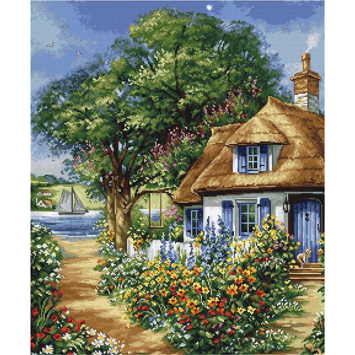 A picturesque landscape scene shows a charming thatched...