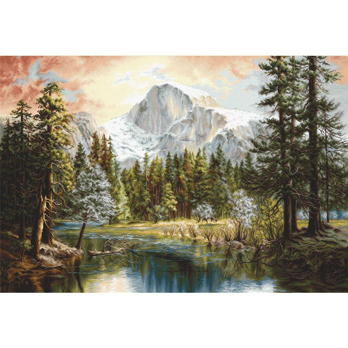 Een realistisch schilderij van een berglandschap bij...