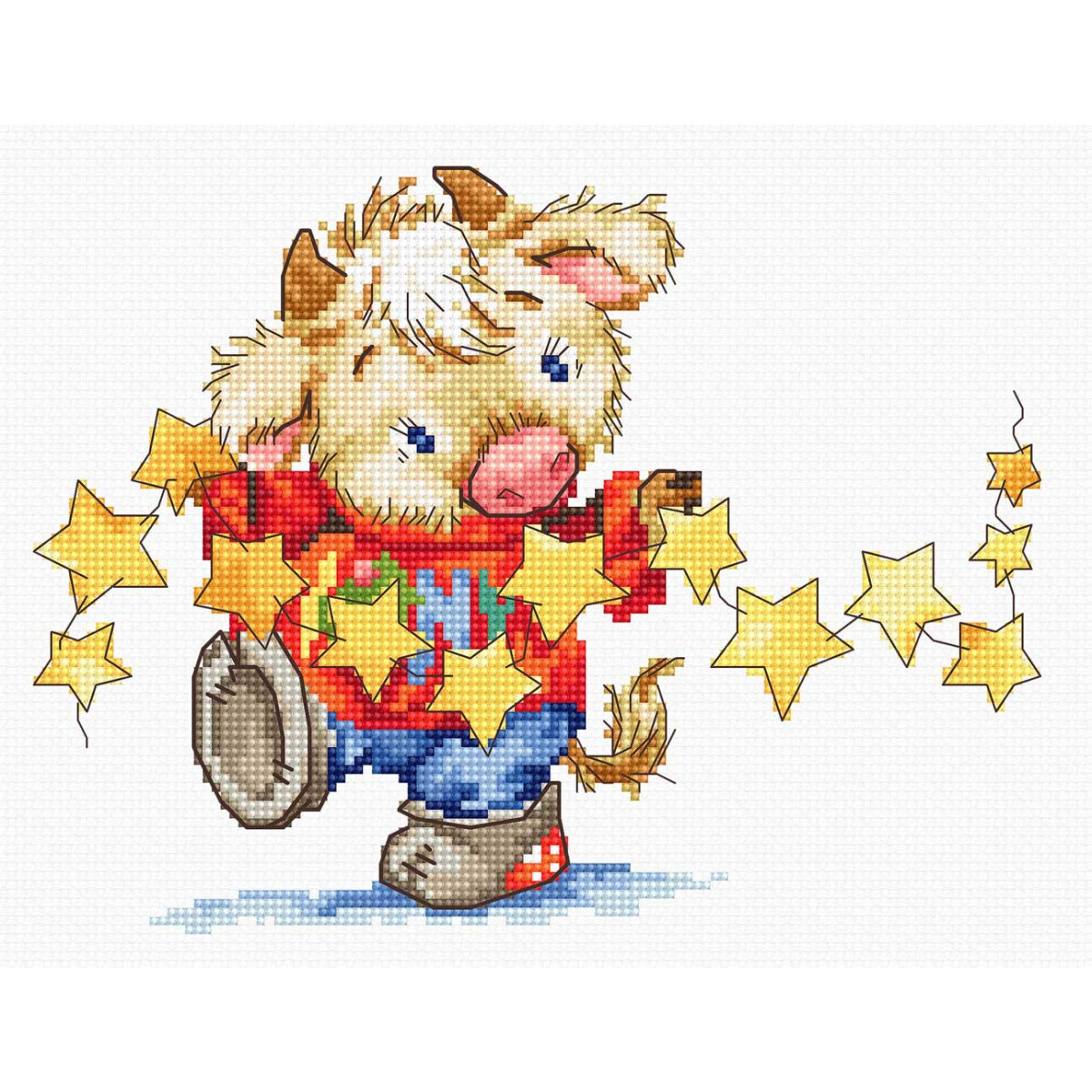 A cute, cartoon-style young bull with beige fur and small...