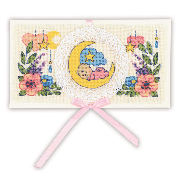 Снятый с производства набор для вышивания крестом Риолис "Поздравительная открытка к рождению ребенка"; счетная схема, 16x9 см